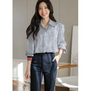 Contrast-cuff Stripe Blouse Ivory - One Size