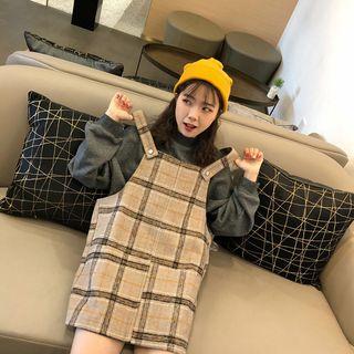 Mock Neck Sweatshirt / Plaid Mini Pinafore Dress