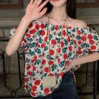 Off-shoulder Floral Puff-sleeve Top As Shown In Figure - One Size