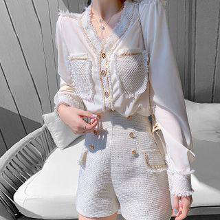 Set: Fray Hem Single-breasted Tweed Jacket + Shorts