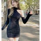 Long-sleeve Cold-shoulder Slim-fit Halter Knit Dress