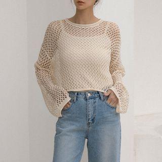 Wide-sleeve Open-knit Crop Top Light Beige - One Size