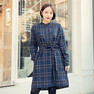 Mandarin-collar Checked Shirtdress With Sash