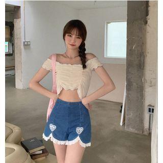 High-waist Washed Lace Wide Leg Shorts