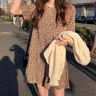Short-sleeve Leopard Print Mini Dress As Shown In Figure - One Size