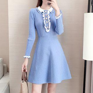 Long-sleeve Collared Ruffled Mini A-line Knit Dress