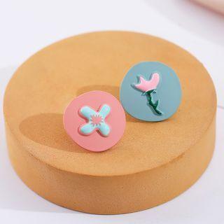 Flower Asymmetrical Alloy Earring Stud Earring - 1 Pair - S925 Silver Stud - Blue & Pink - One Size