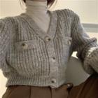 Plain Cardigan / Plaid Mini Skirt / Long-sleeve Turtleneck Top