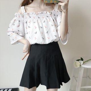 Cold-shoulder Bird Print Blouse
