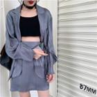 Metallic Puff-sleeve Loose-fit Light Jacket / High-waist Skirt