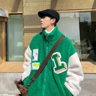 Lettering Fleece Zip-up Baseball Jacket