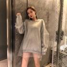 Mock Two-piece Mesh Panel Short-sleeve T-shirt Dress As Shown In Figure - One Size