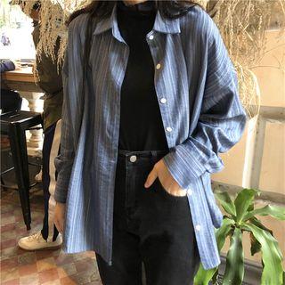 Plain Turtle-neck Long-sleeve Loose-fit Top / Striped Long-sleeve Shirt