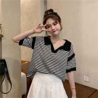 Color Block Striped Polo Short-sleeve Knit Top