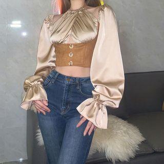 Long-sleeve Cutout Silky Cropped Blouse
