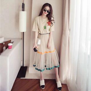 Set: Flower Embroidered Short Sleeve T-shirt Dress + Midi Mesh Skirt