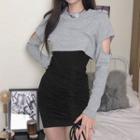 Set: Spaghetti Strap Drawstring Sheath Dress + Long-sleeve Cropped T-shirt