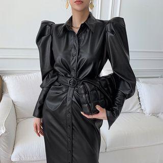 Puff-sleeve Faux Leather Midi A-line Dress