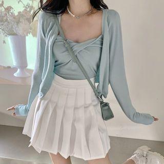 Plain Cardigan / Camisole Top / Pleated Mini A-line Skirt