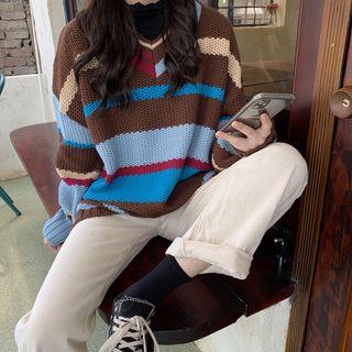 V-neck Color-block Stripe Sweater As Shown In Figure - One Size