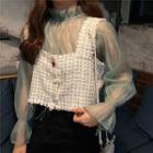 Buttoned Tweed Vest / Bell-sleeve Mesh Top