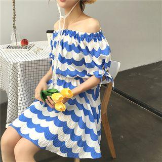 Elbow-sleeve Off-shoulder Wave A-line Dress