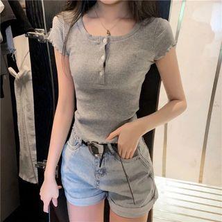 Short Sleeve Frilled Button Detail T-shirt