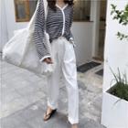 Striped Long-sleeve Top / Plain Cropped Pants