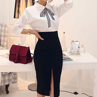 Bow Embroidered Long-sleeve Blouse