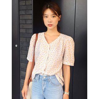 V-neck Short-sleeve Floral Blouse