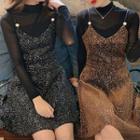 Mesh Long-sleeve Top / Glitter Spaghetti-strap Dress