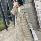 Notch Lapel Plaid Double-breasted Midi Coat Plaid - Camel - M