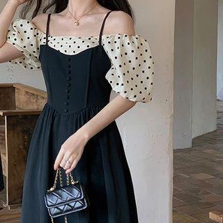 Cold Shoulder Dotted Panel A-line Dress