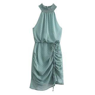 Sleeveless Mock-neck Dotted Drawstring Chiffon Sheath Dress
