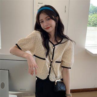 Contrast Trim Embroidered Eyelet Blouse / Wide-leg Shorts / Set