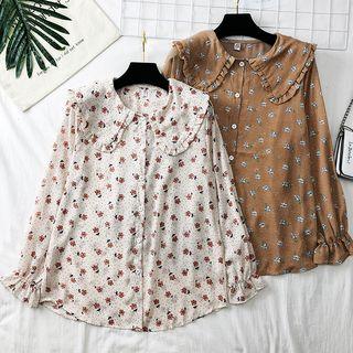 Ruffled-trim Floral Chiffon Shirt