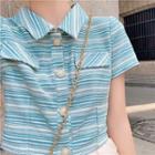 Short-sleeve Striped Polo Shirt / Striped Shorts / Midi A-line Skirt