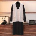 Set: Mock-turtleneck Knit Dress + Knit Vest Dress - Black - One Size / Vest - White - One Size