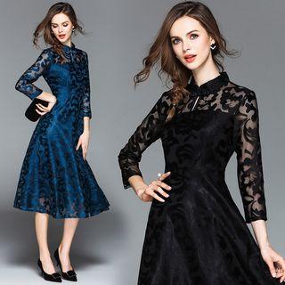 Lace 3/4-sleeve Midi A-line Cocktail Dress