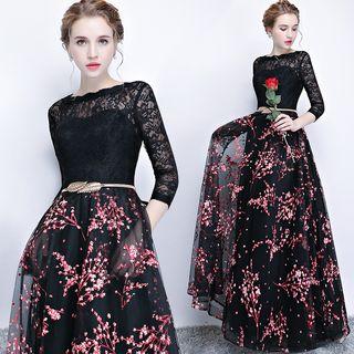 3/4 Sleeve Wave Neckline Lace Panel Evening Dress