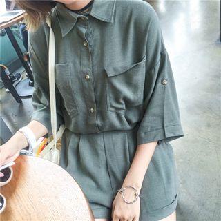 Set: 3/4-sleeve Plain Shirt + Shorts