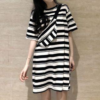Set: Elbow-sleeve Striped T-shirt Dress + Waist Bag Set - Stripes - Black & White - One Size