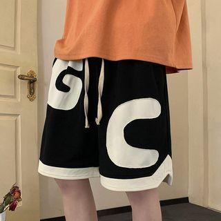 Drawstring Contrast Trim Lettering Shorts