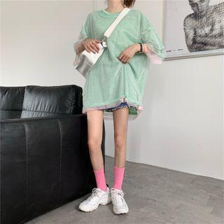 Plain Loose-fit Short-sleeve T-shirt / Sheer Top