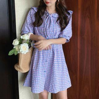 Elbow-sleeve Plaid Mini A-line Dress Purple - One Size