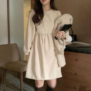 Long-sleeve Corduroy A-line Dress Almond - One Size