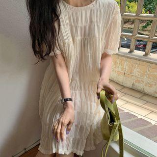Puff-sleeve Shirred A-line Dress Light Almond - One Size