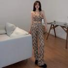 Plaid Halter Top / Wide-leg Pants With Chain