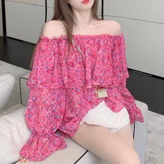 Off-shoulder Floral Long-sleeve Shirt Pink - One Size