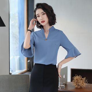 Bell-sleeve Chiffon Blouse / Ruffle Hem Straight-cut Skirt / Set